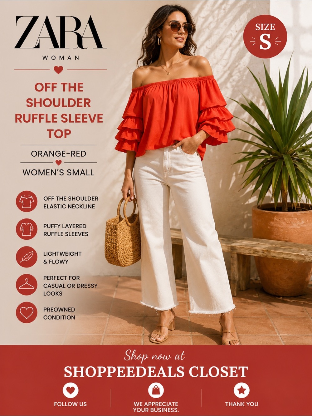 Zara Woman Off-the-Shoulder Ruffle Sleeve Top – Orange-Red – Women’s Small